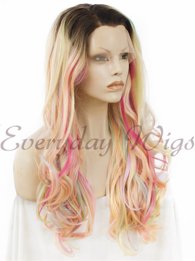 Lange Regenbogen Wellige Synthetische Lace Front Perücken