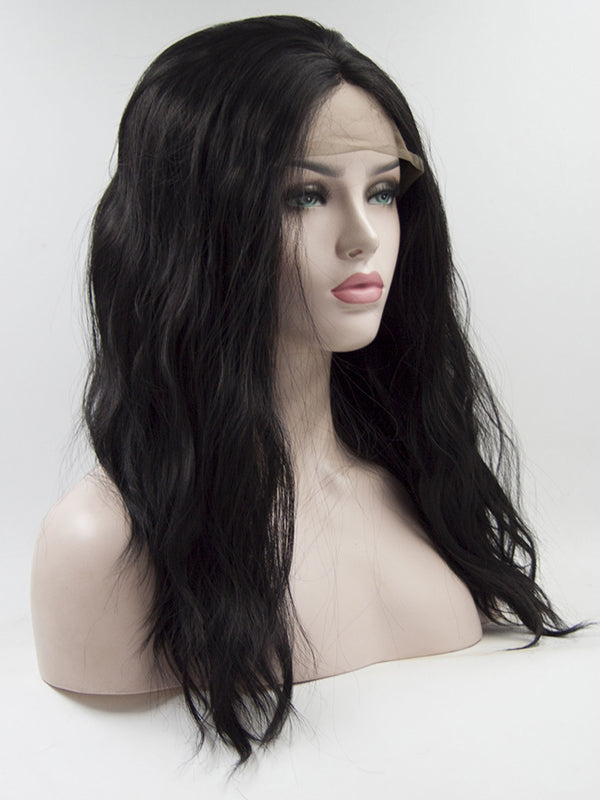 Schwarze Lange Wellige Synthetische Lace Front Perücken