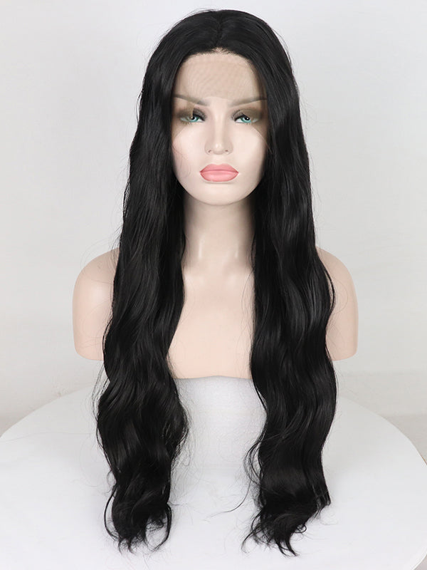 Schwarze Wellige Lange  Synthetische Lace Front Perücken