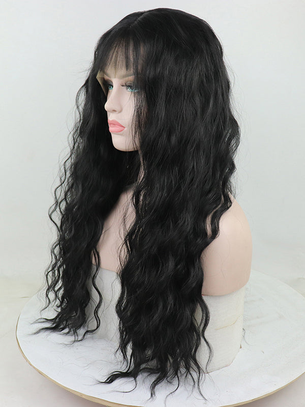 Schwarze Wellige Lange Synthetische Lace Front Perücken