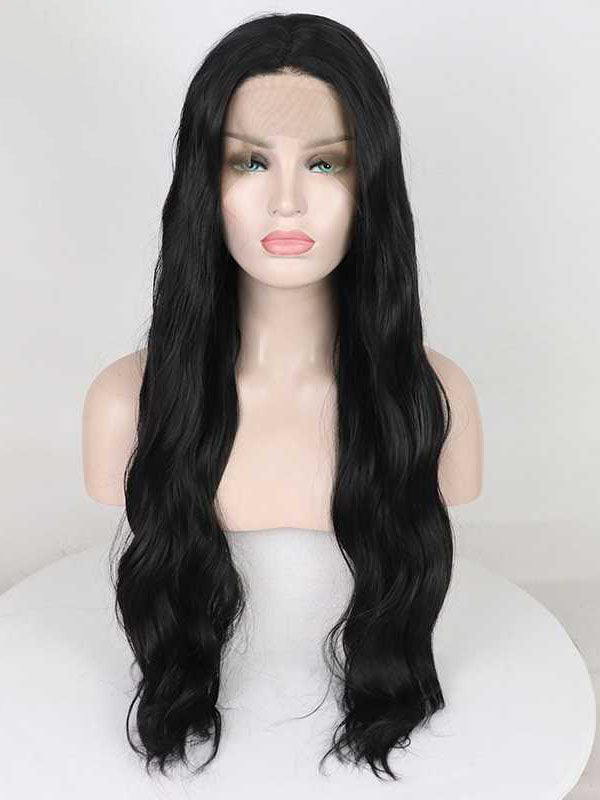 Schwarze Wellige Lange  Synthetische Lace Front Perücken