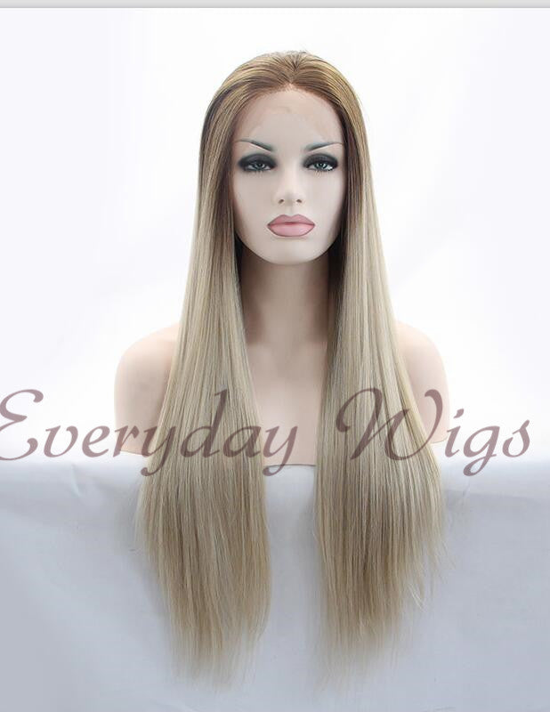 Ombre Braune Blond Lange Gerade Synthetische Lace Front Perücken