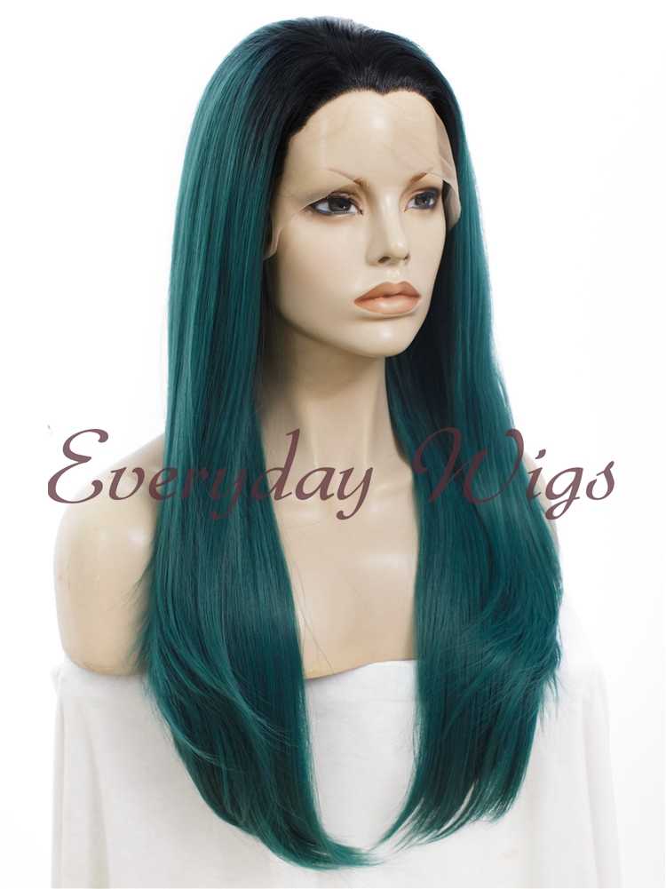 Ombre Grüne Gerade Lange Synthetische Lace Front Perücken