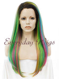 Regenbogen Lange Gerade Synthetische Lace Front Perücken