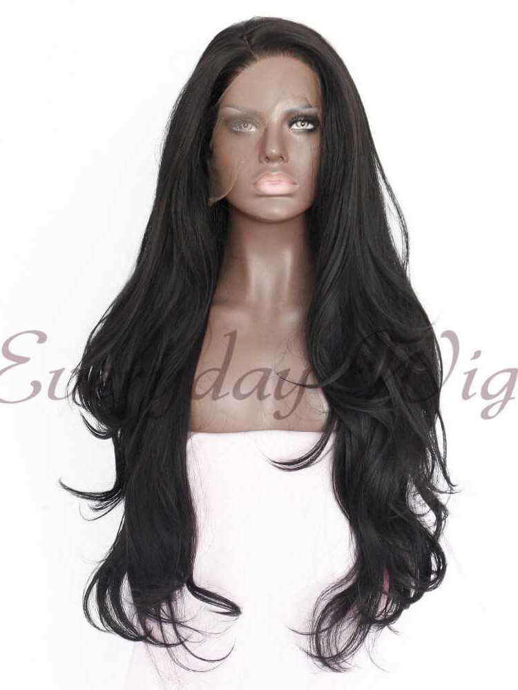 Schwarze Wellige Lange Synthetische Lace Front Perücken