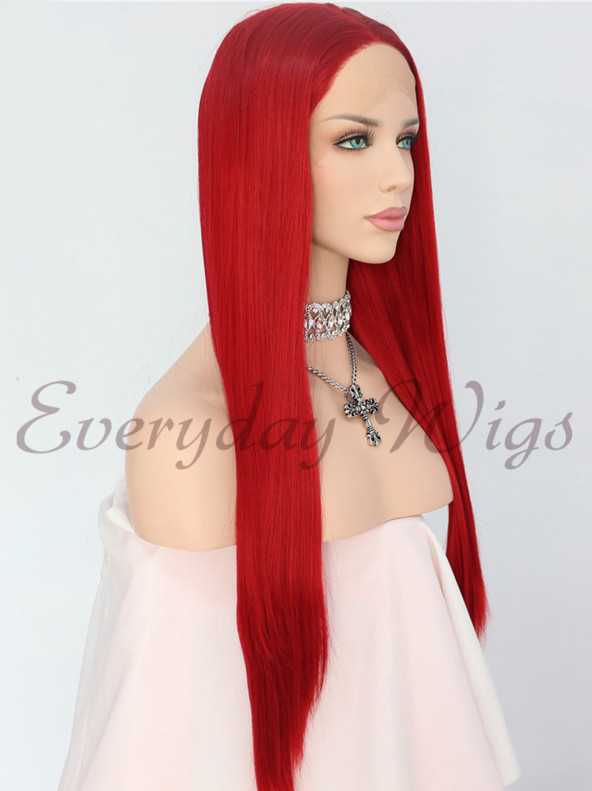 Rote Lange Gerade Synthetische Lace Front Perücken