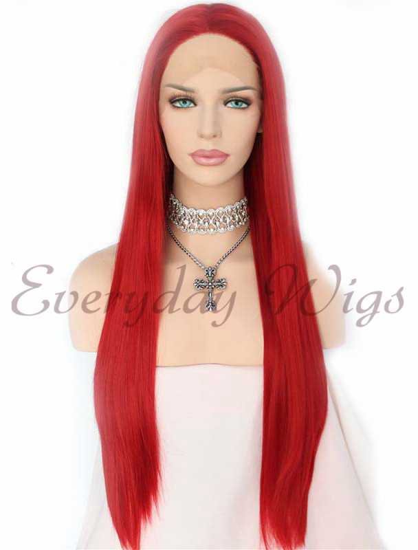 Rote Lange Gerade Synthetische Lace Front Perücken