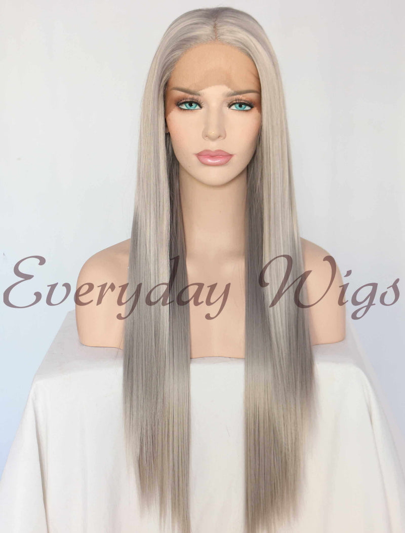 Graue Lange Gerade Synthetische Lace Front Perücken