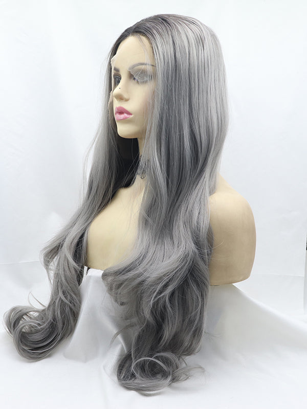 Ombre Graue Lange Wellige Synthetische Lace Front Perücken