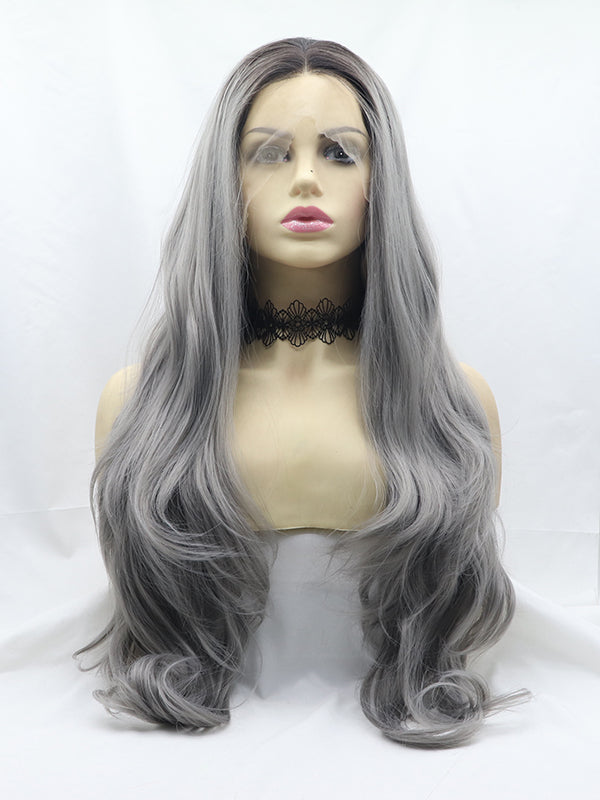 Ombre Graue Lange Wellige Synthetische Lace Front Perücken